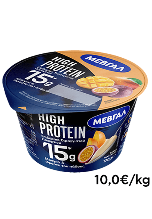 ΜΕΒΓΑΛ High Protein επιδόρπιο στραγγιστού γιαουρτιού μάνγκο και φρούτο του πάθους 170γρ